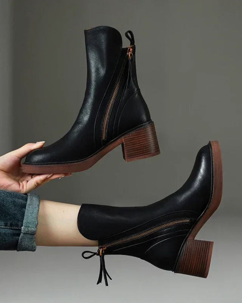 Élorine™ | Botte en cuir noire avec un talon confortable, élégante et intemporelle