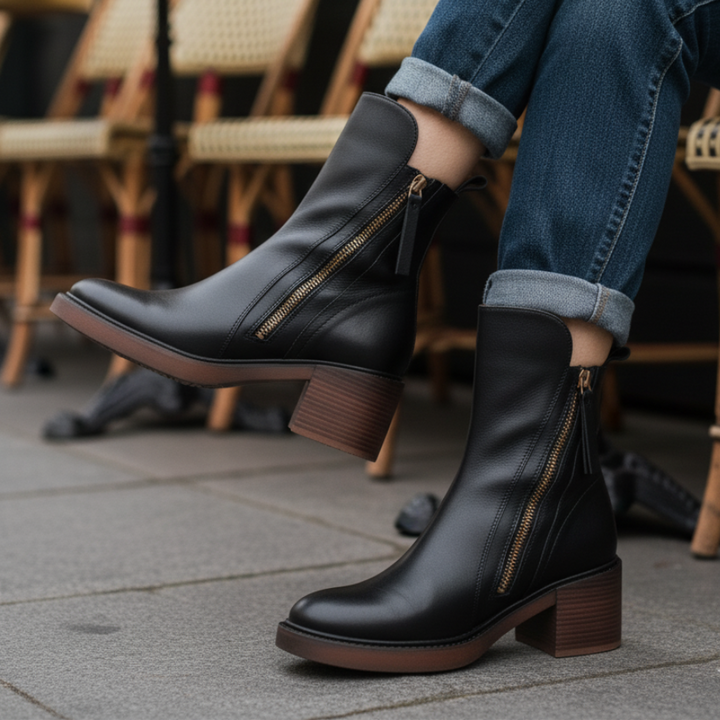 Élorine™ | Botte en cuir noire avec un talon confortable, élégante et intemporelle