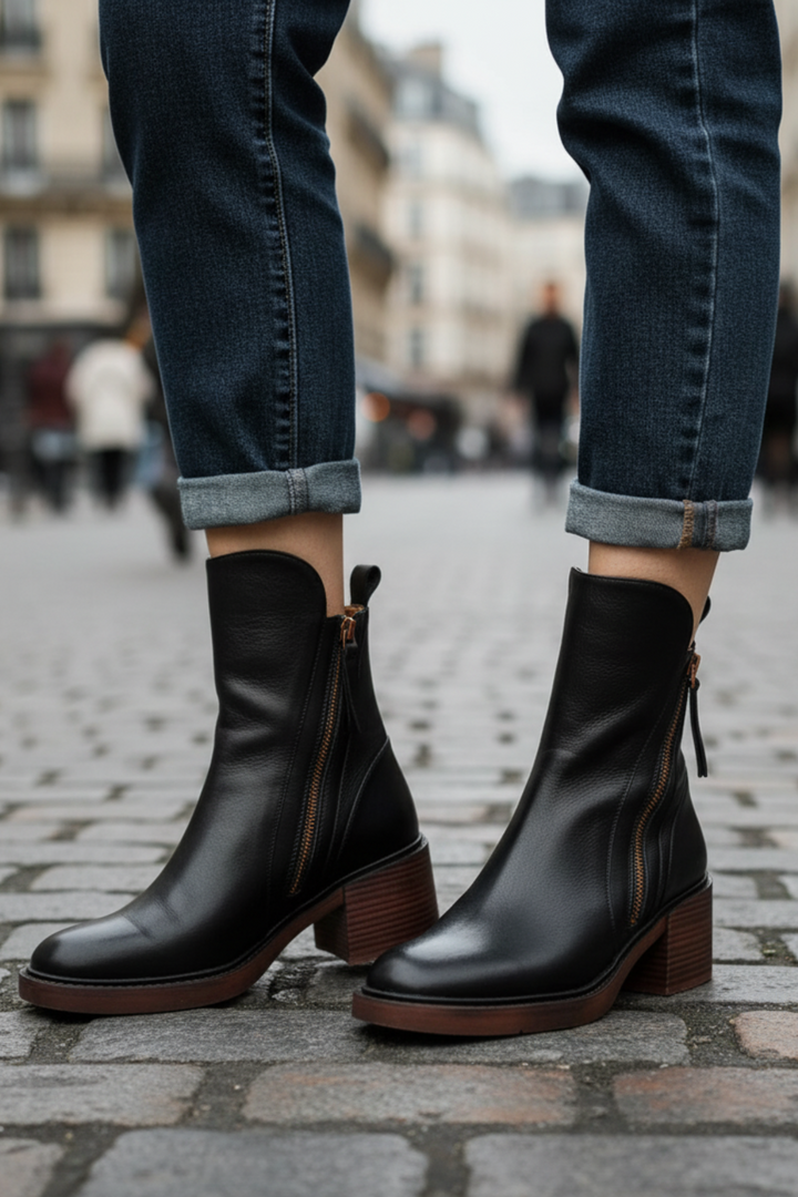 Élorine™ | Botte en cuir noire avec un talon confortable, élégante et intemporelle