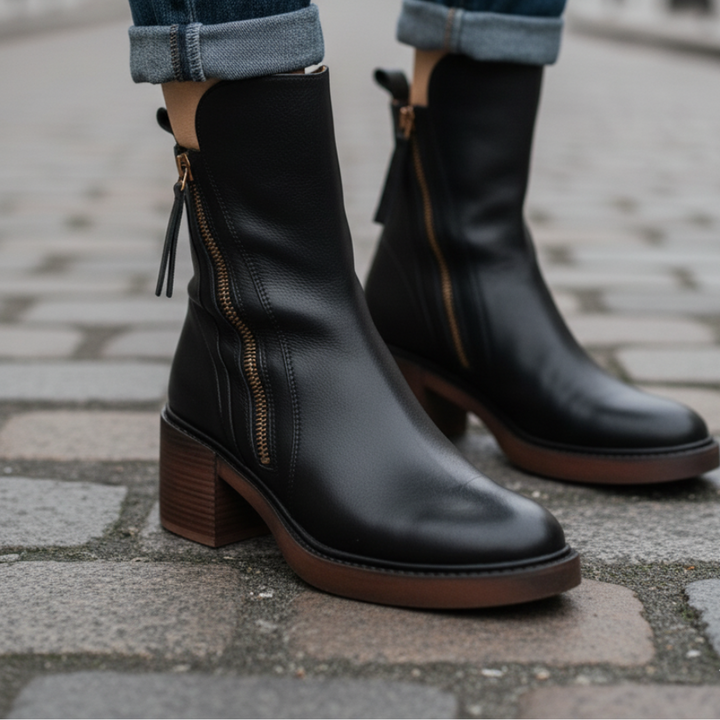 Élorine™ | Botte en cuir noire avec un talon confortable, élégante et intemporelle