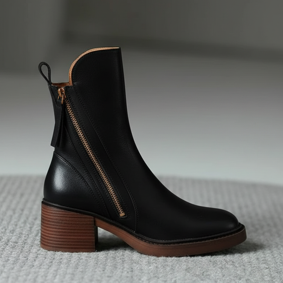 Élorine™ | Botte en cuir noire avec un talon confortable, élégante et intemporelle