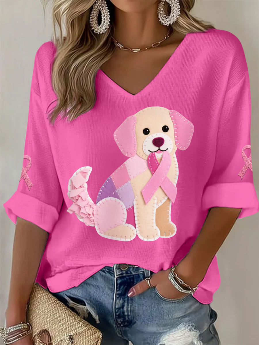T-shirt à manches longues pour femmes Rose Chien Rose Ruban Soutien Sensibilisation au Cancer du Sein