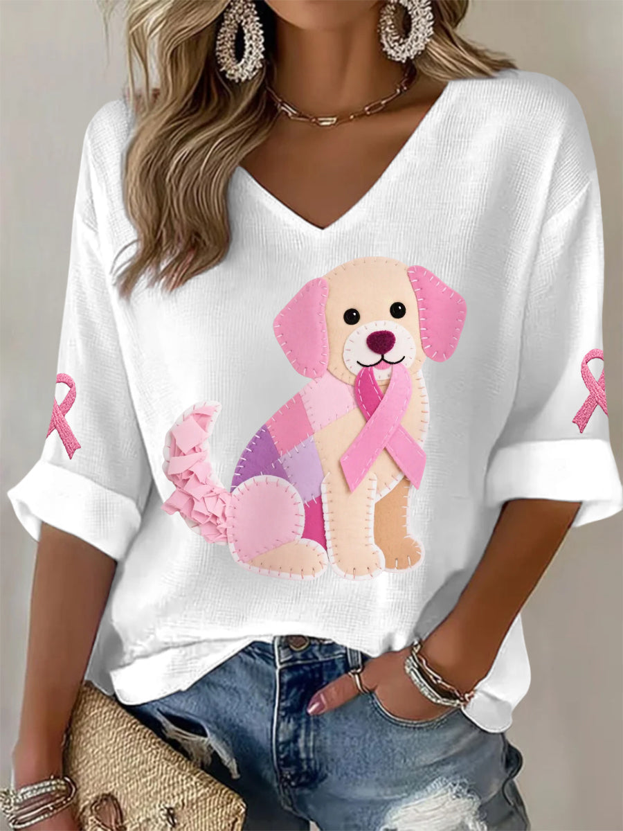 T-shirt à manches longues pour femmes Rose Chien Rose Ruban Soutien Sensibilisation au Cancer du Sein