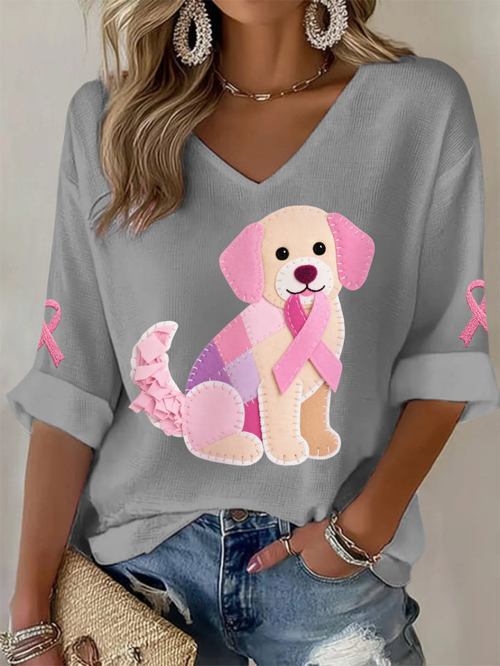T-shirt à manches longues pour femmes Rose Chien Rose Ruban Soutien Sensibilisation au Cancer du Sein