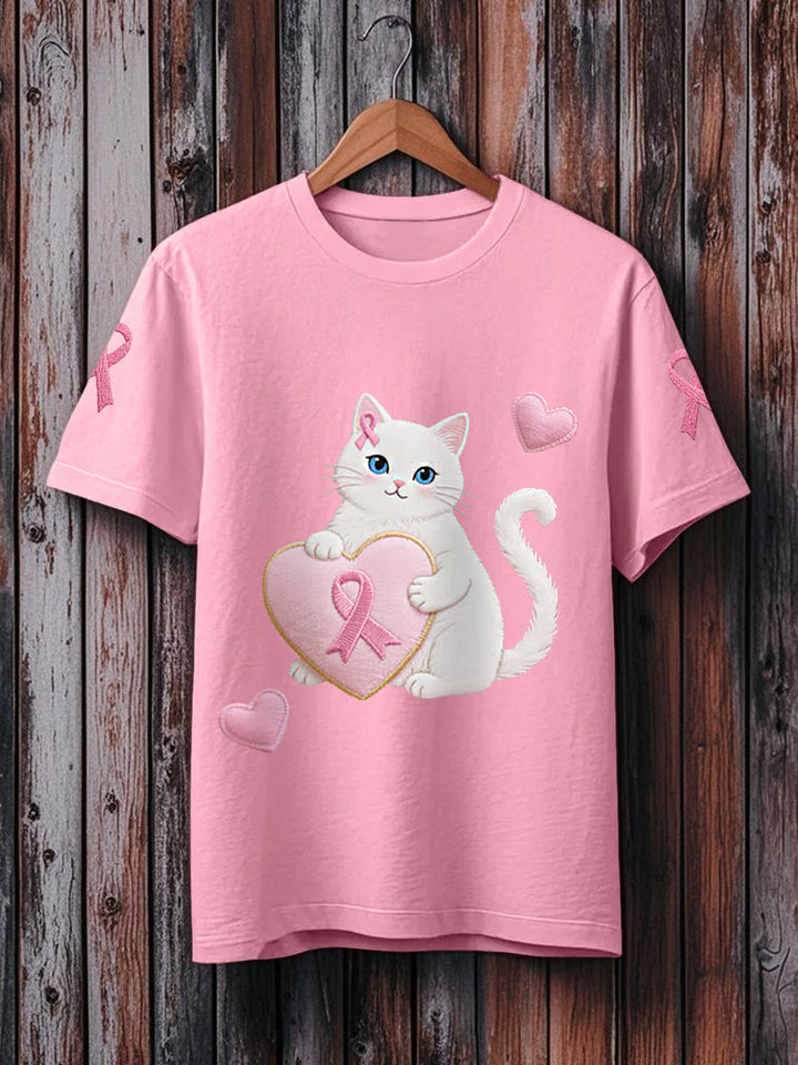 T-shirt rose de soutien de conscience de cancer du sein de ruban de chat rose des femmes