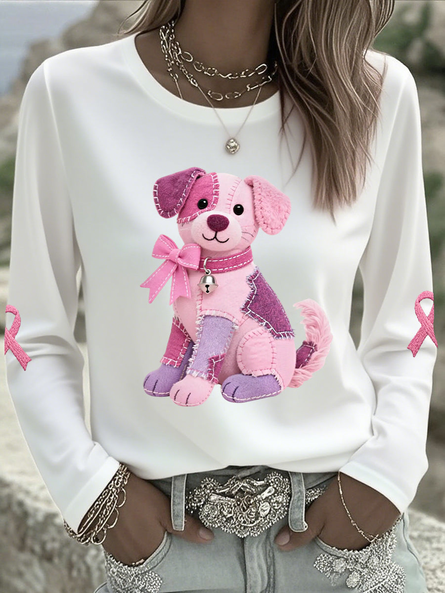 T-shirt à manches longues pour femmes Rose Chien Rose Ruban Soutien Sensibilisation au Cancer du Sein
