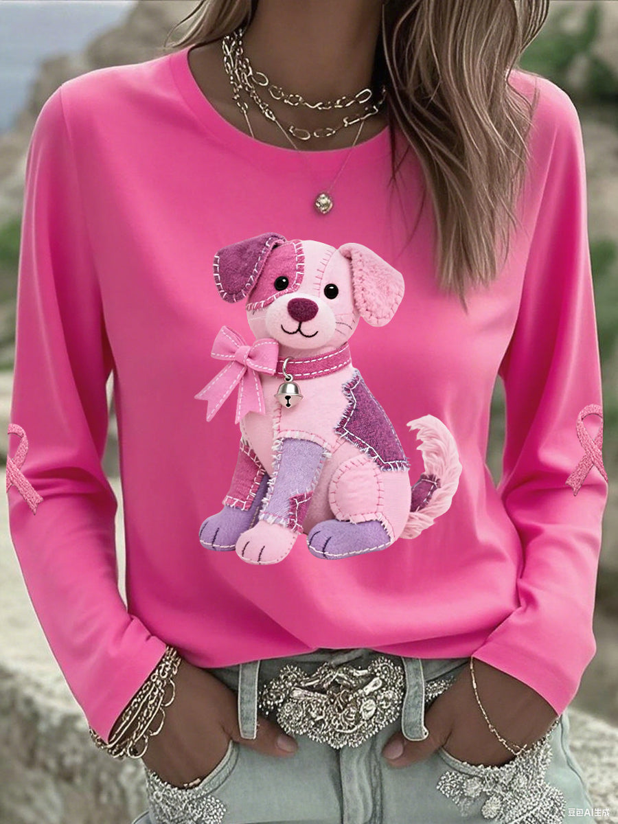 T-shirt à manches longues pour femmes Rose Chien Rose Ruban Soutien Sensibilisation au Cancer du Sein