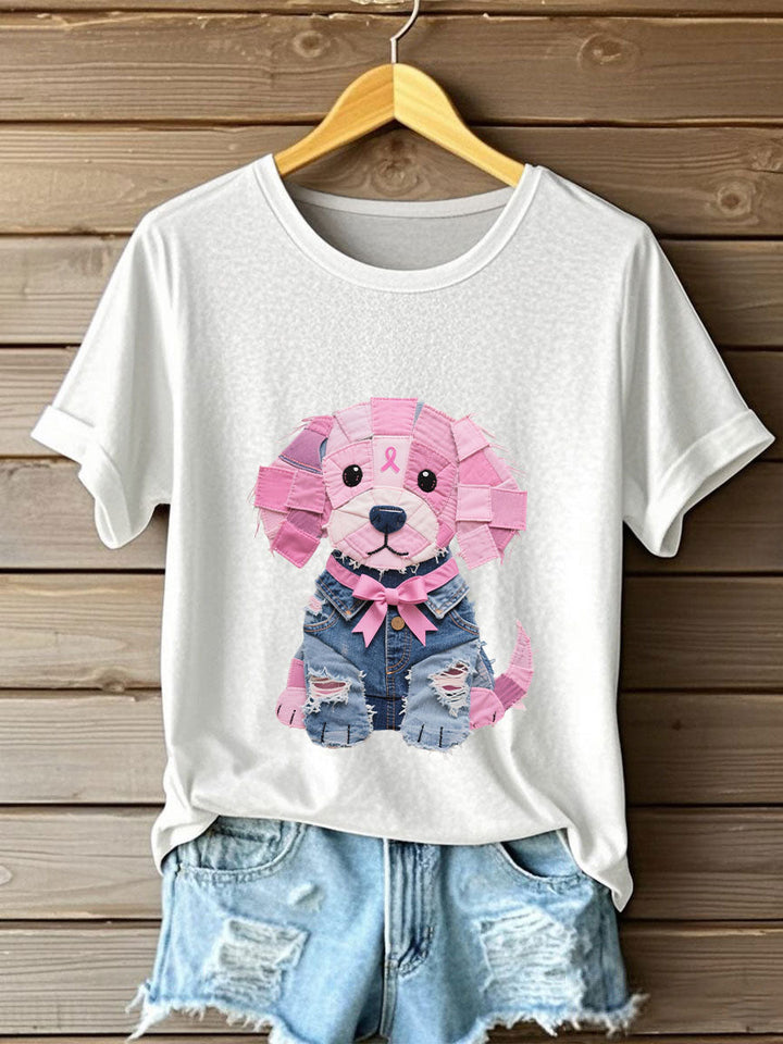 Femmes Cancer du sein Sensibilisation Denim Puppy Imprimer T-Shirt