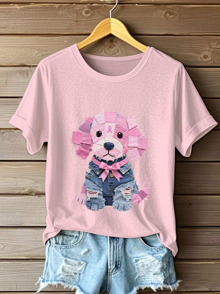 Femmes Cancer du sein Sensibilisation Denim Puppy Imprimer T-Shirt