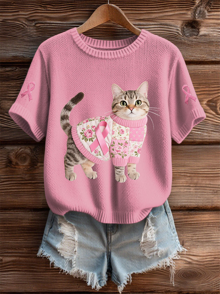 T-shirt Décontracté Femme Chat Rose Ruban Imprimé