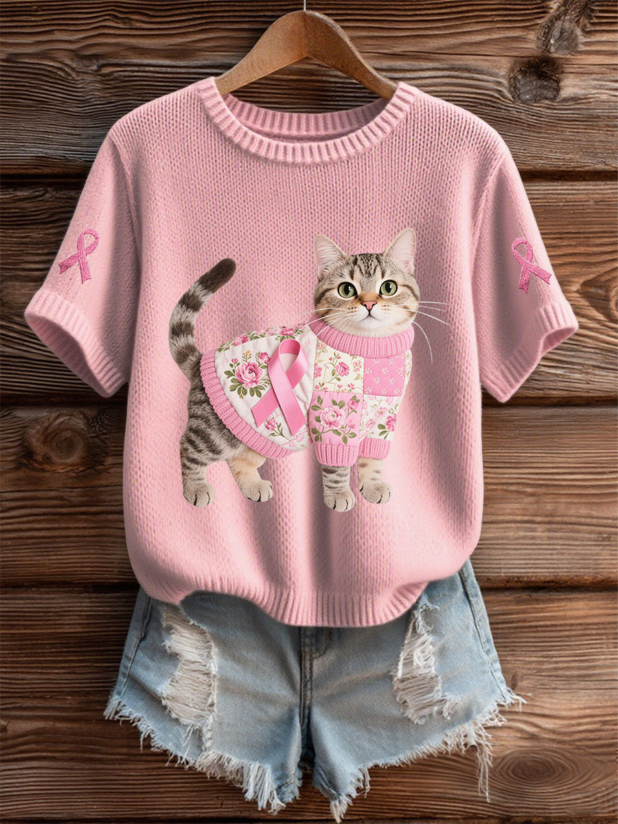 T-shirt Décontracté Femme Chat Rose Ruban Imprimé