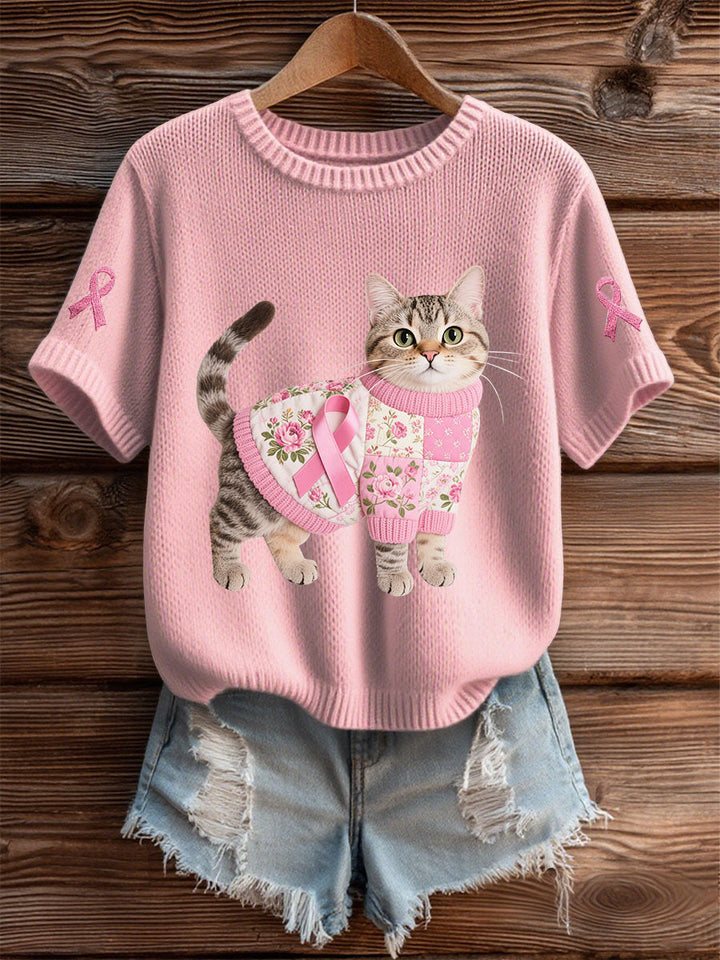 T-shirt Décontracté Femme Chat Rose Ruban Imprimé