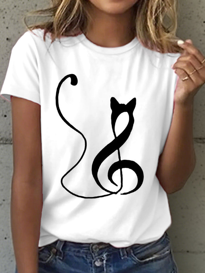 T-shirt imprimé notes de musique et chat pour femme