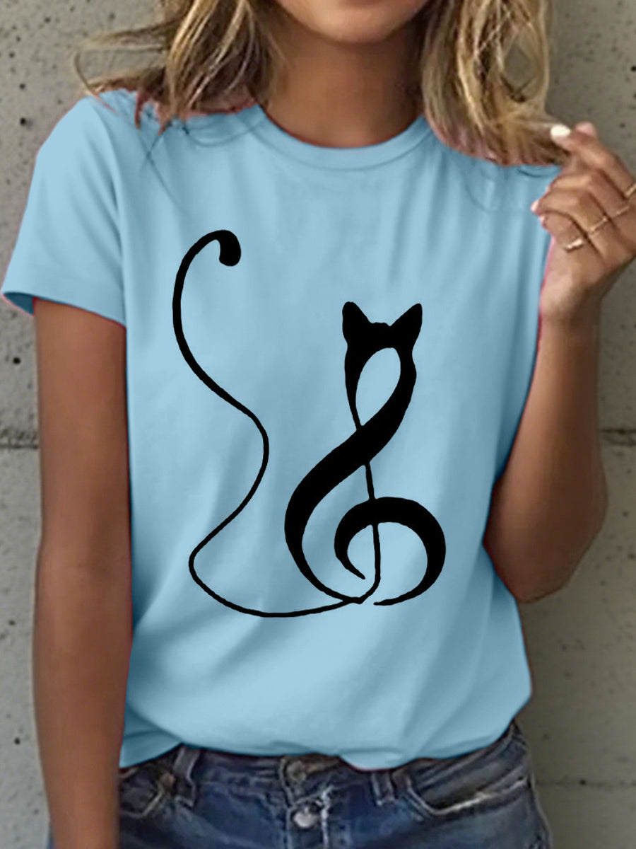 T-shirt imprimé notes de musique et chat pour femme