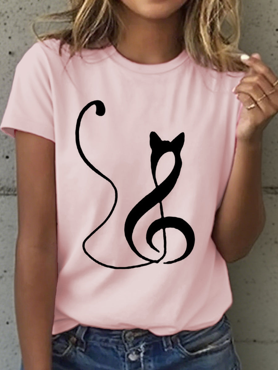 T-shirt imprimé notes de musique et chat pour femme