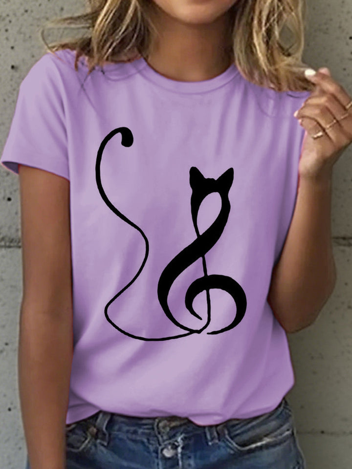 T-shirt imprimé notes de musique et chat pour femme