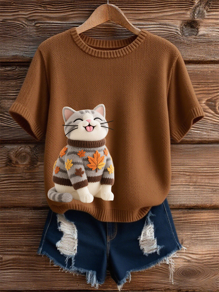 Automne Cat Art Print O-Neck T-shirt à manches courtes pour femmes