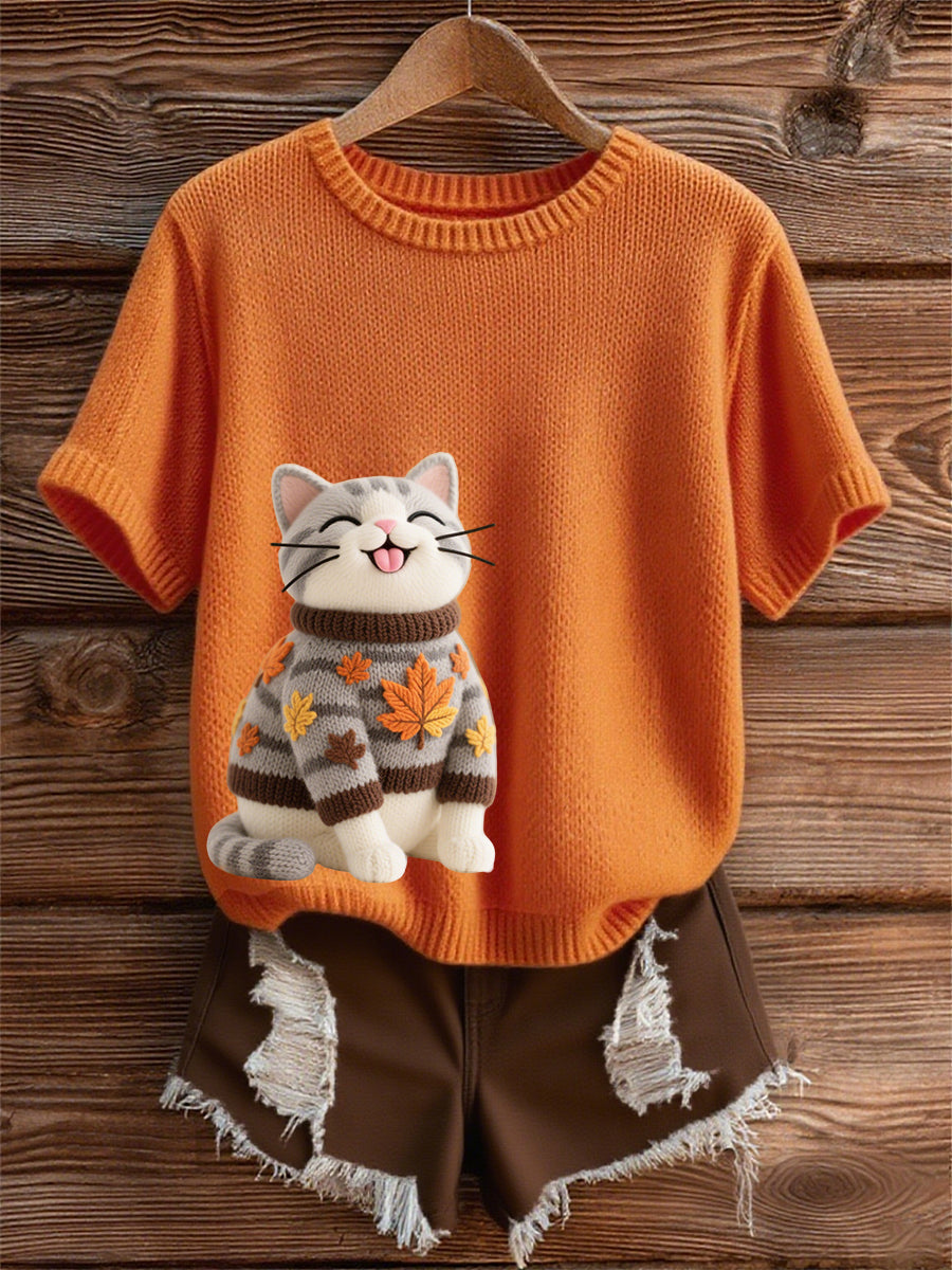 Automne Cat Art Print O-Neck T-shirt à manches courtes pour femmes