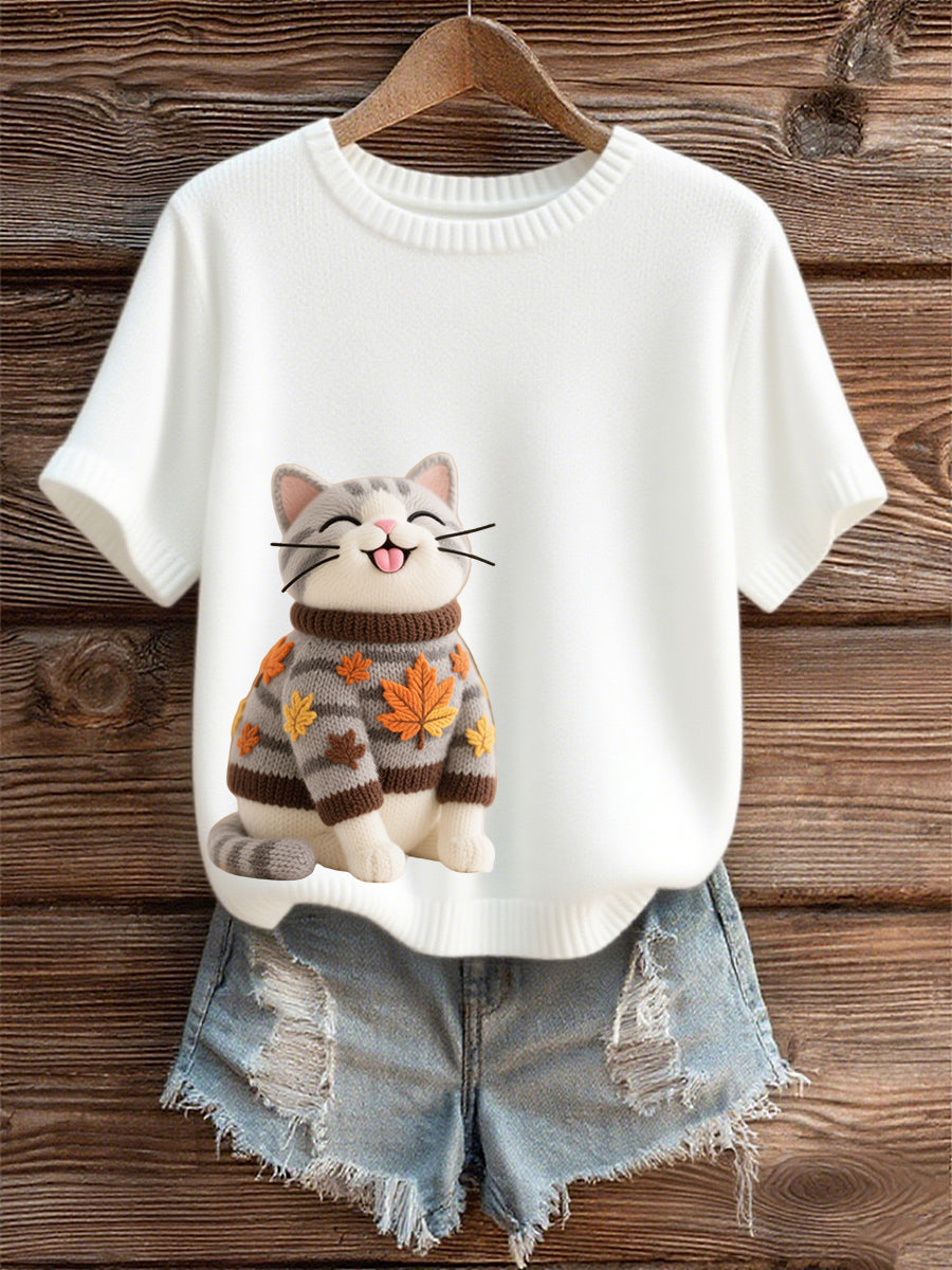 Automne Cat Art Print O-Neck T-shirt à manches courtes pour femmes