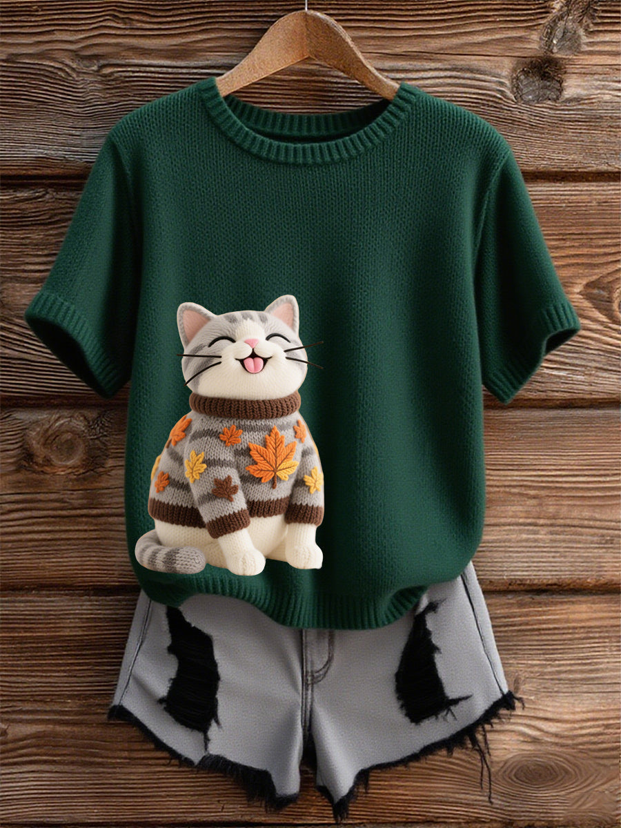 Automne Cat Art Print O-Neck T-shirt à manches courtes pour femmes