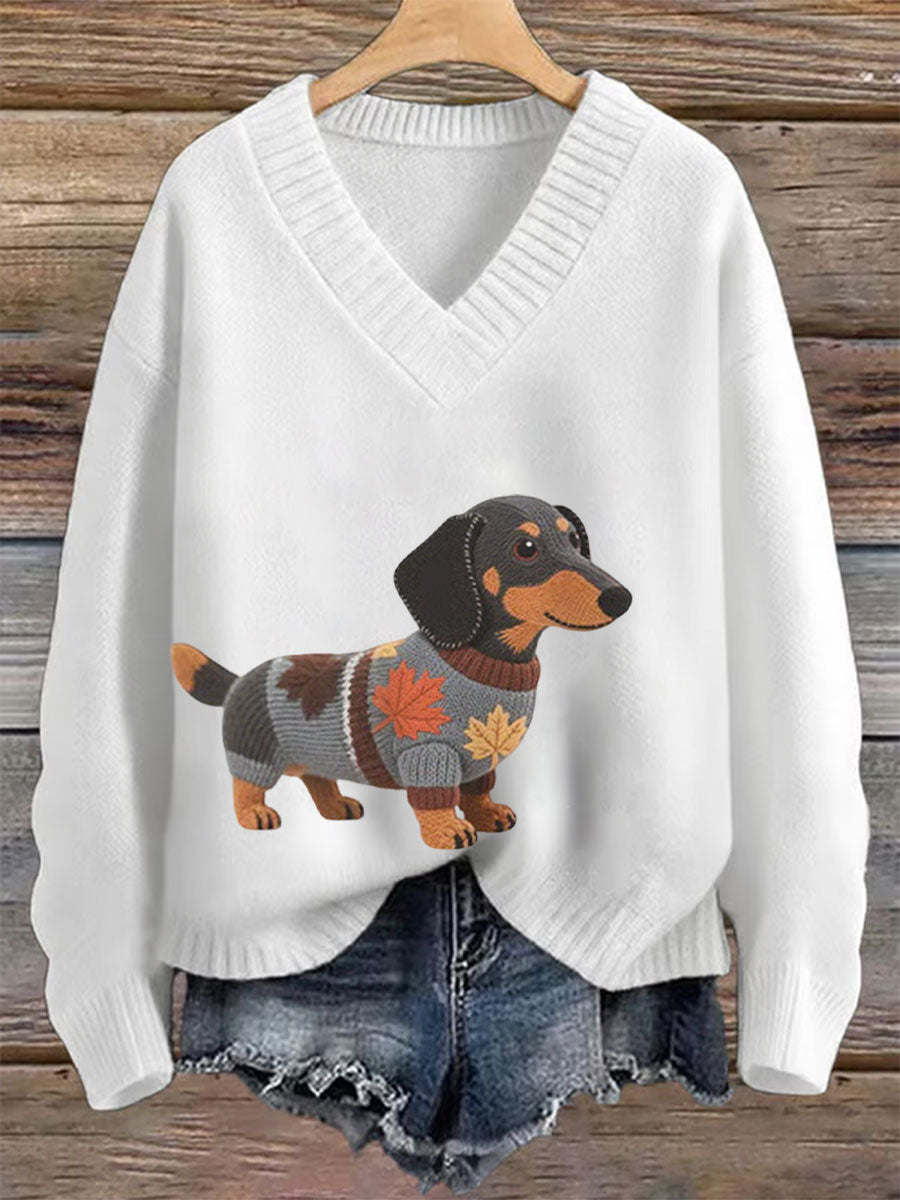Femmes Automne Chien Art Imprimer manches longues col en V Imitation Pull