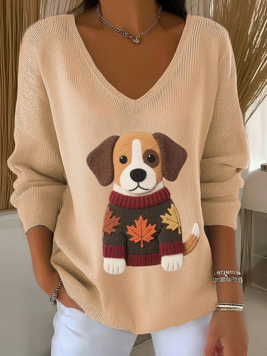 Femmes Automne Chien Art Imprimer V-Neck Haut côtelé