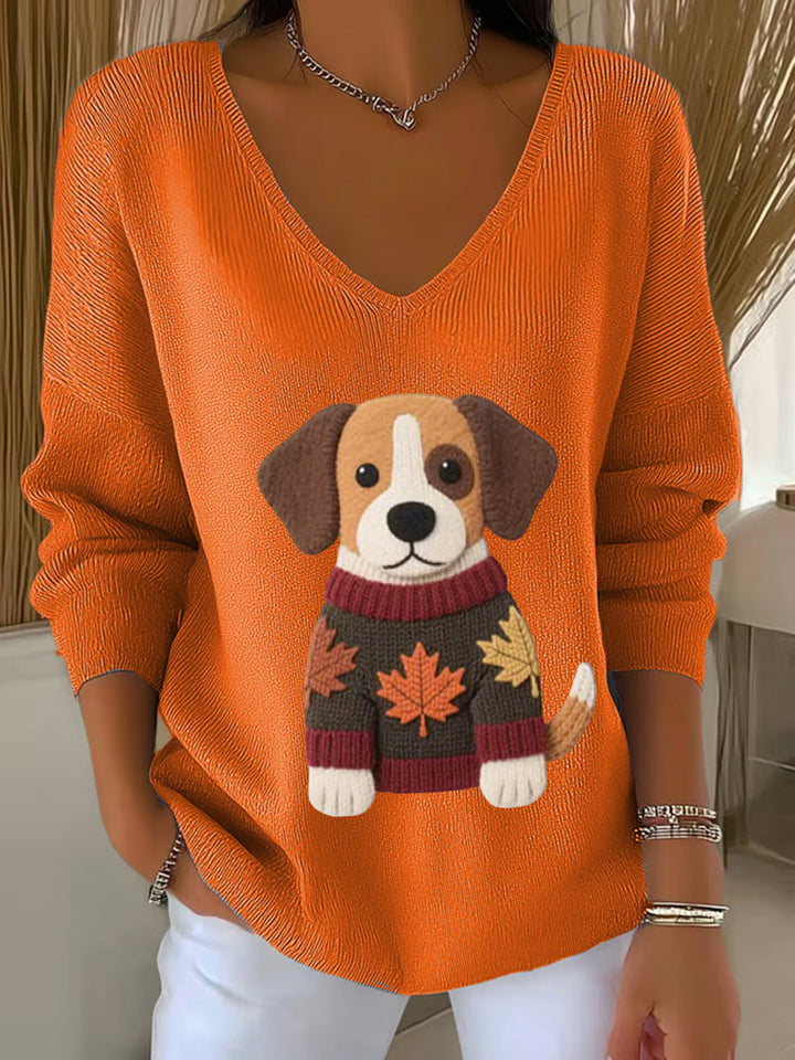Femmes Automne Chien Art Imprimer V-Neck Haut côtelé