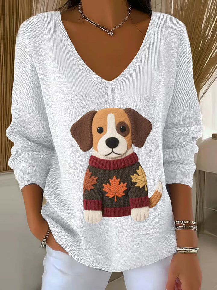 Femmes Automne Chien Art Imprimer V-Neck Haut côtelé