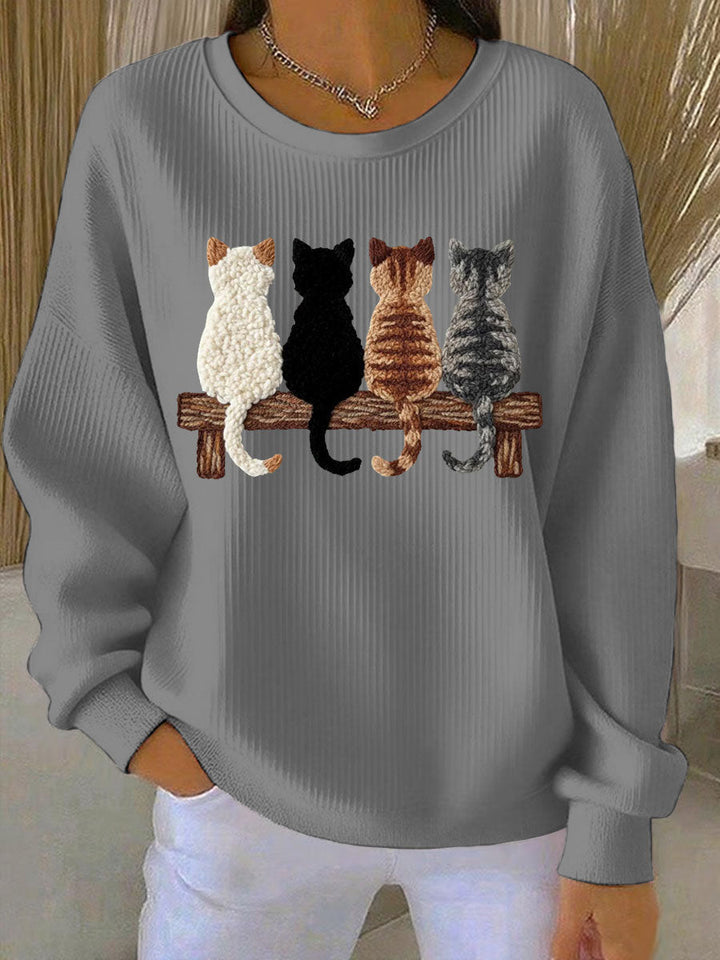Sweat-shirt Femme Quatre adorables chat silhouette imprimé côtelé Col Rond