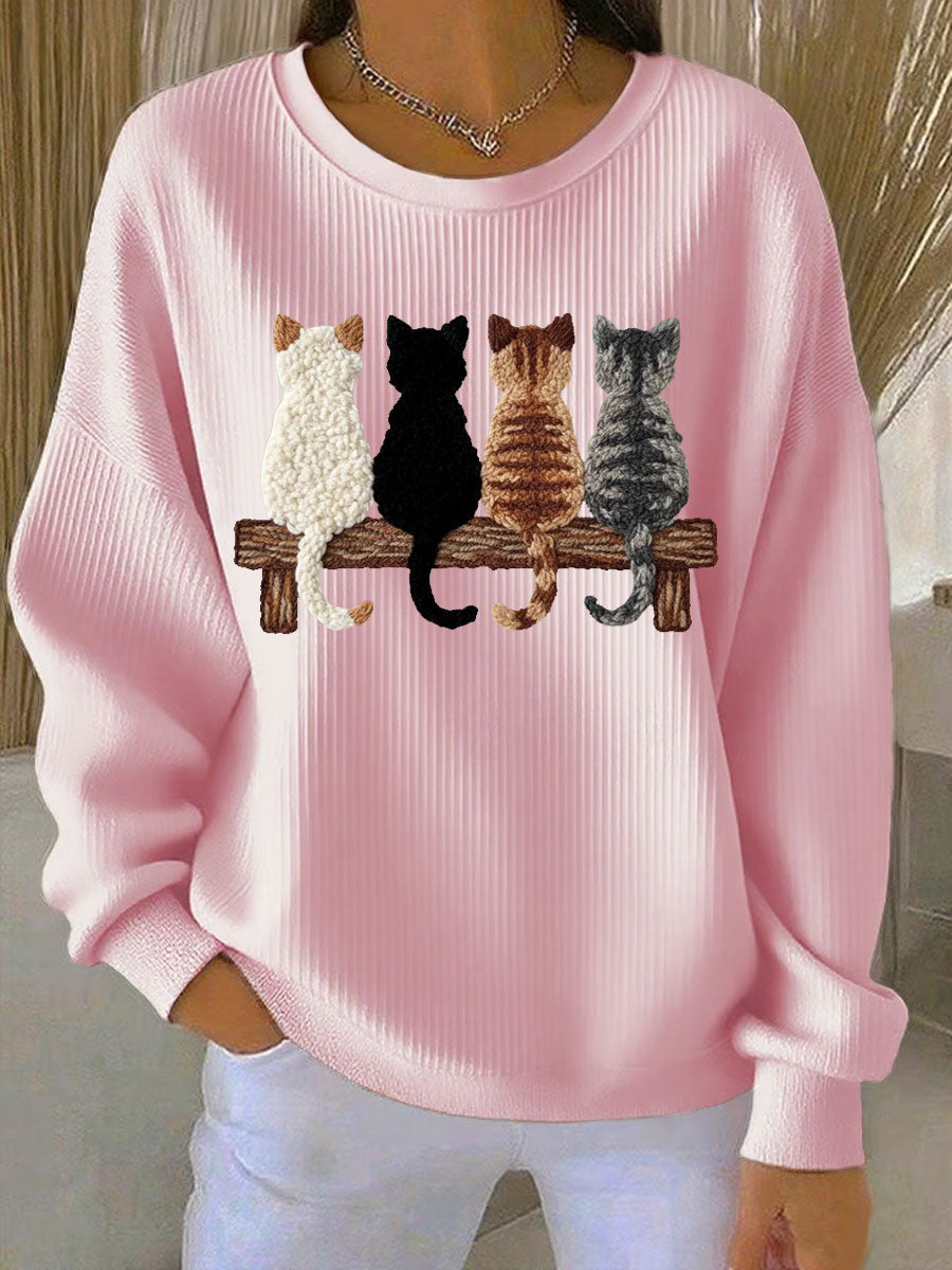 Sweat-shirt Femme Quatre adorables chat silhouette imprimé côtelé Col Rond