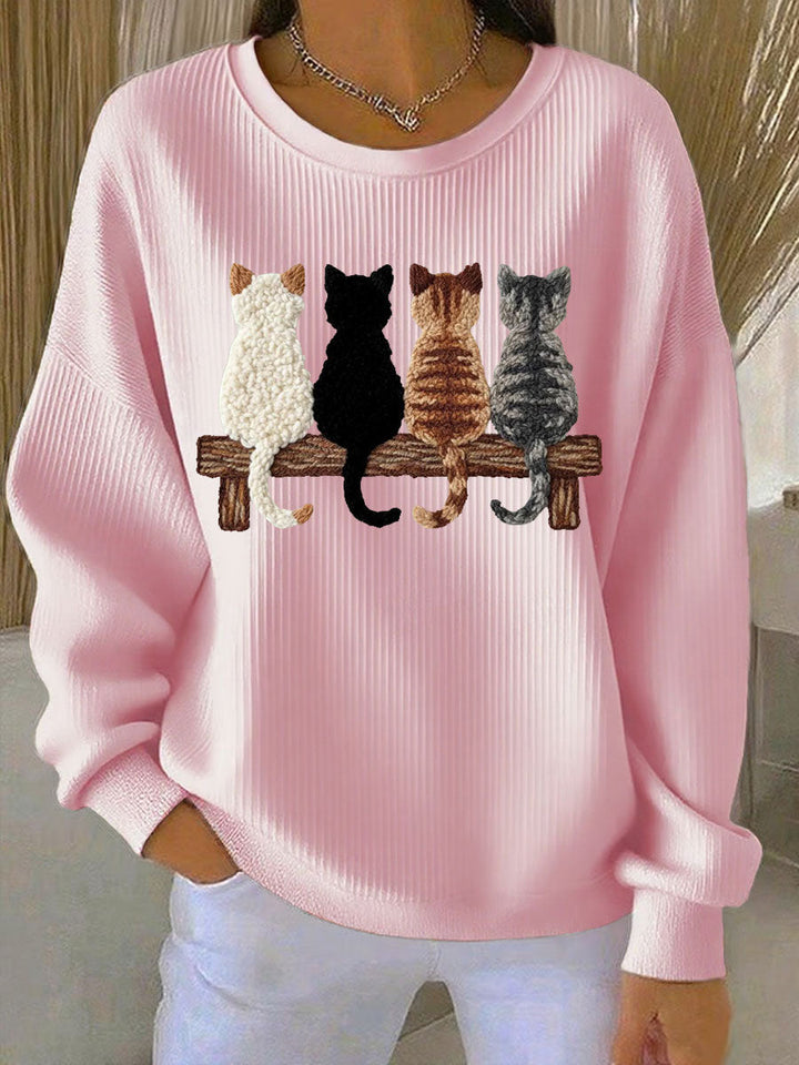 Sweat-shirt Femme Quatre adorables chat silhouette imprimé côtelé Col Rond