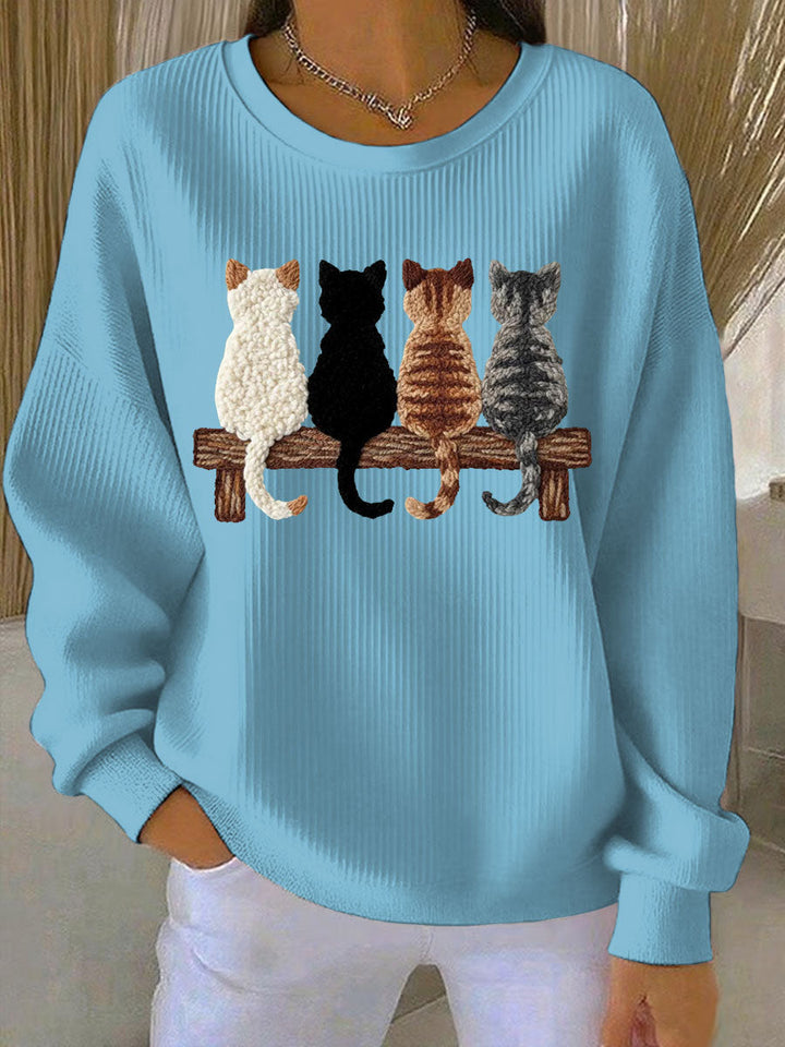 Sweat-shirt Femme Quatre adorables chat silhouette imprimé côtelé Col Rond